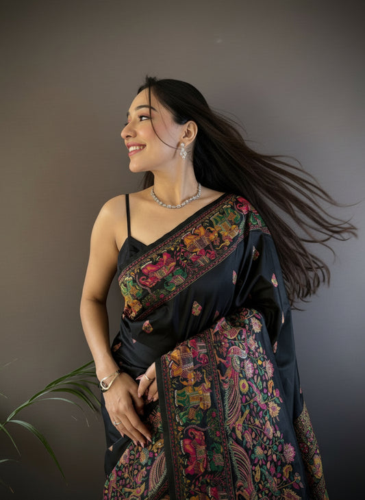 Black Pashmina silk saree with meenakari weaving work