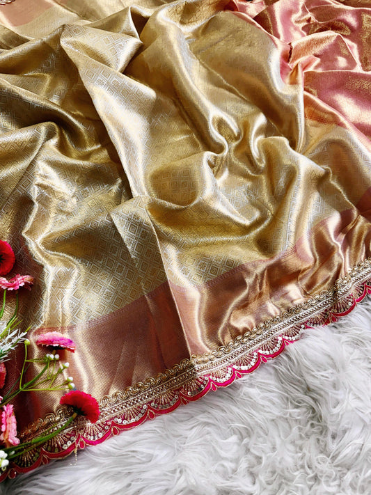 Gold soft tissue silk saree with lace border