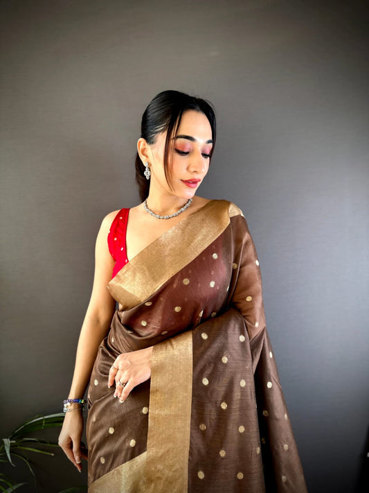 Brown and Red cotton saree with Buttas and Border