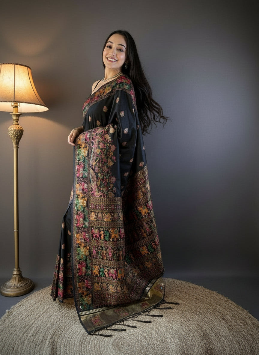 Black Pashmina silk saree with meenakari weaving work