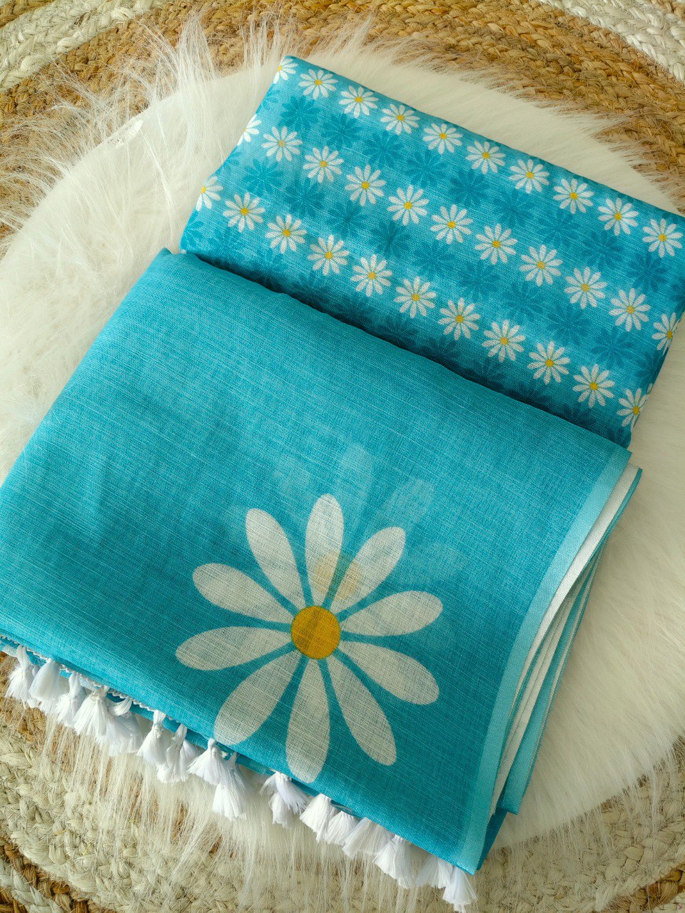 Blue Linen Saree with floral print