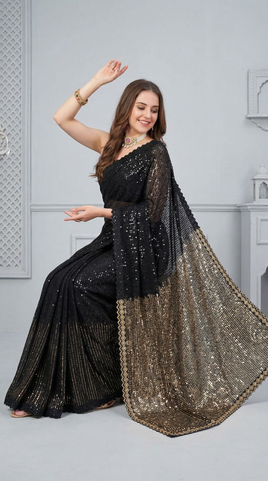 Black georgette saree with sequence and lace border