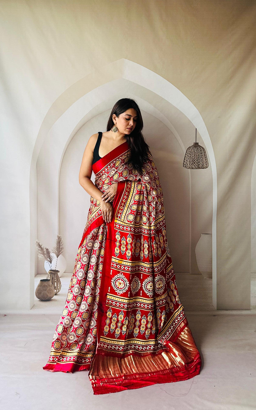 Red Pure Gaji silk with ajrakh print