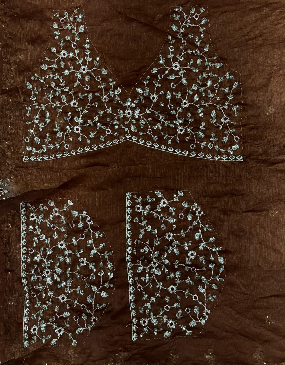 Brown Chiffon saree with sequence work and cut work border