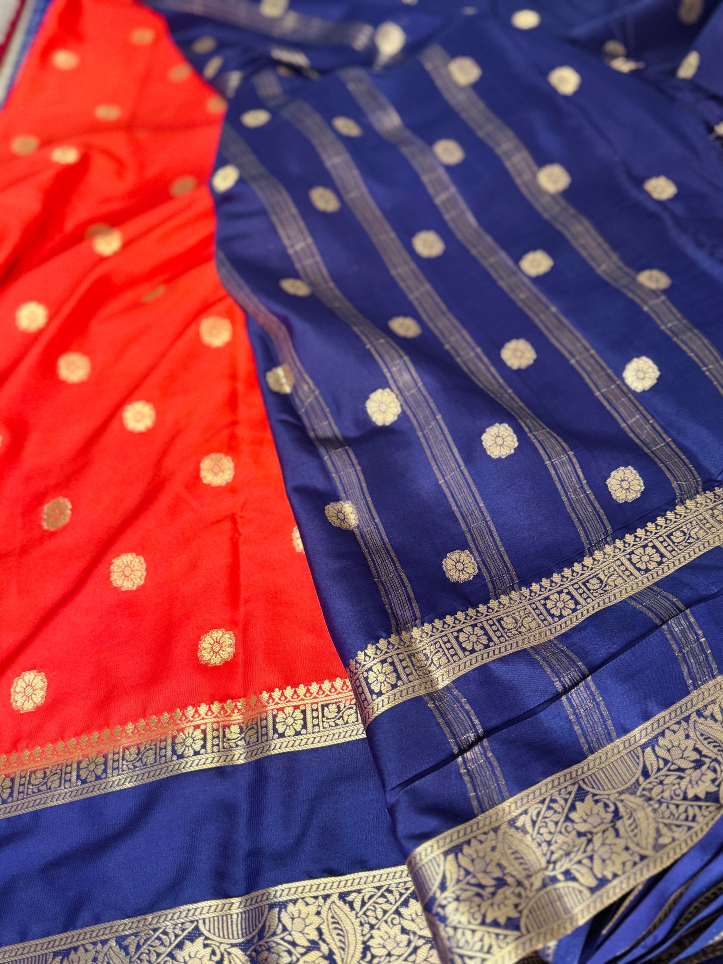 Orange and Navy blue Bentex border Semi Crepe Saree