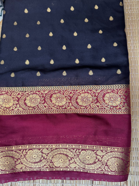 Black and Maroon Semi Crepe silk saree with Bentex border