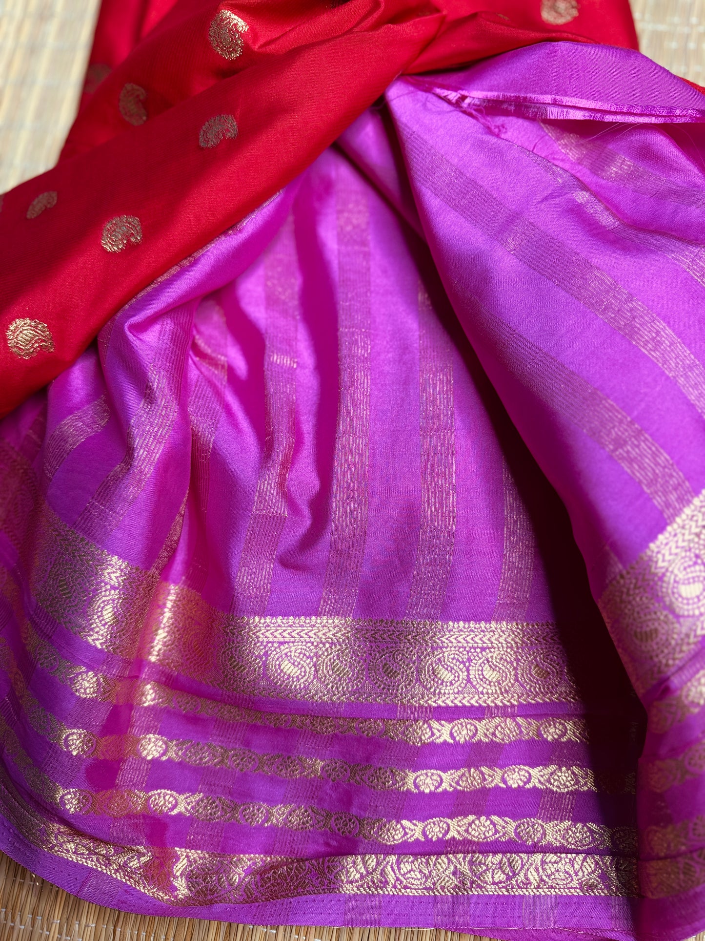 Red and Pink Semi Mysore silk Crepe saree with Bentex border