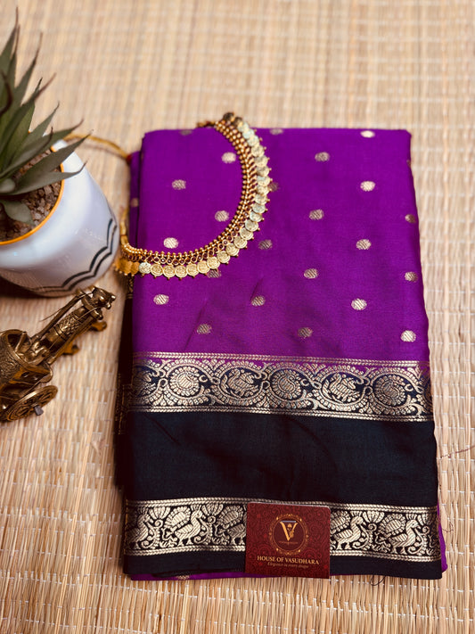 Magenta and Black Semi Mysore silk Crepe saree with Bentex border