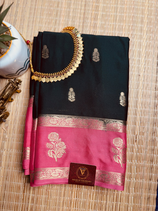 Bottle green and baby pink Semi Mysore silk Crepe Saree with Bentex border