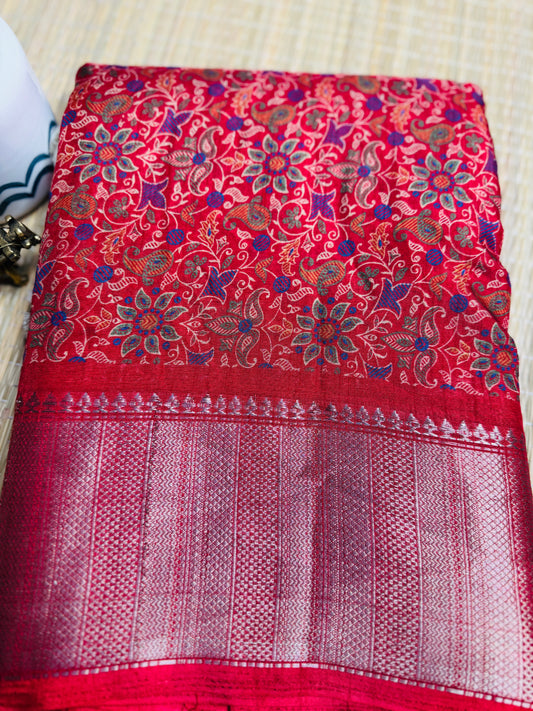 Red Dola Silk Saree with floral print