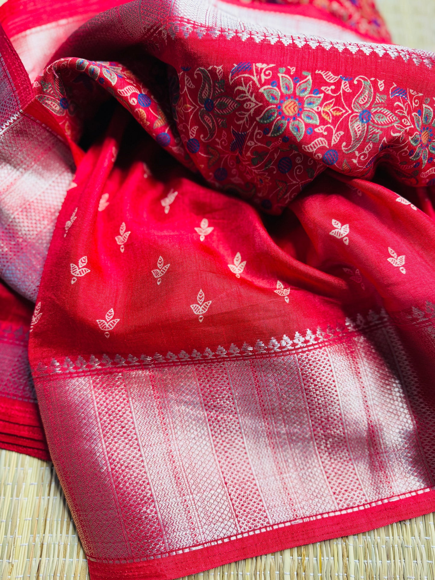 Red Dola Silk Saree with floral print