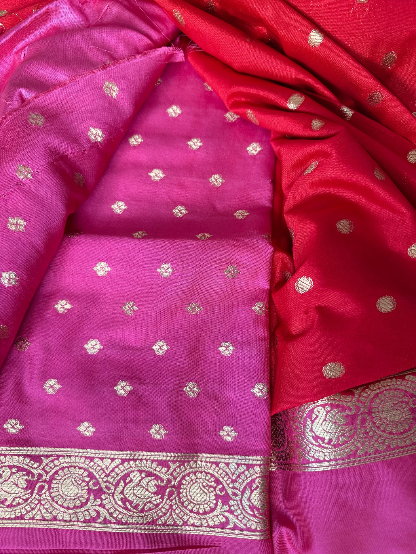 Red and Baby Pink Semi Mysore silk Crepe saree with Bentex border