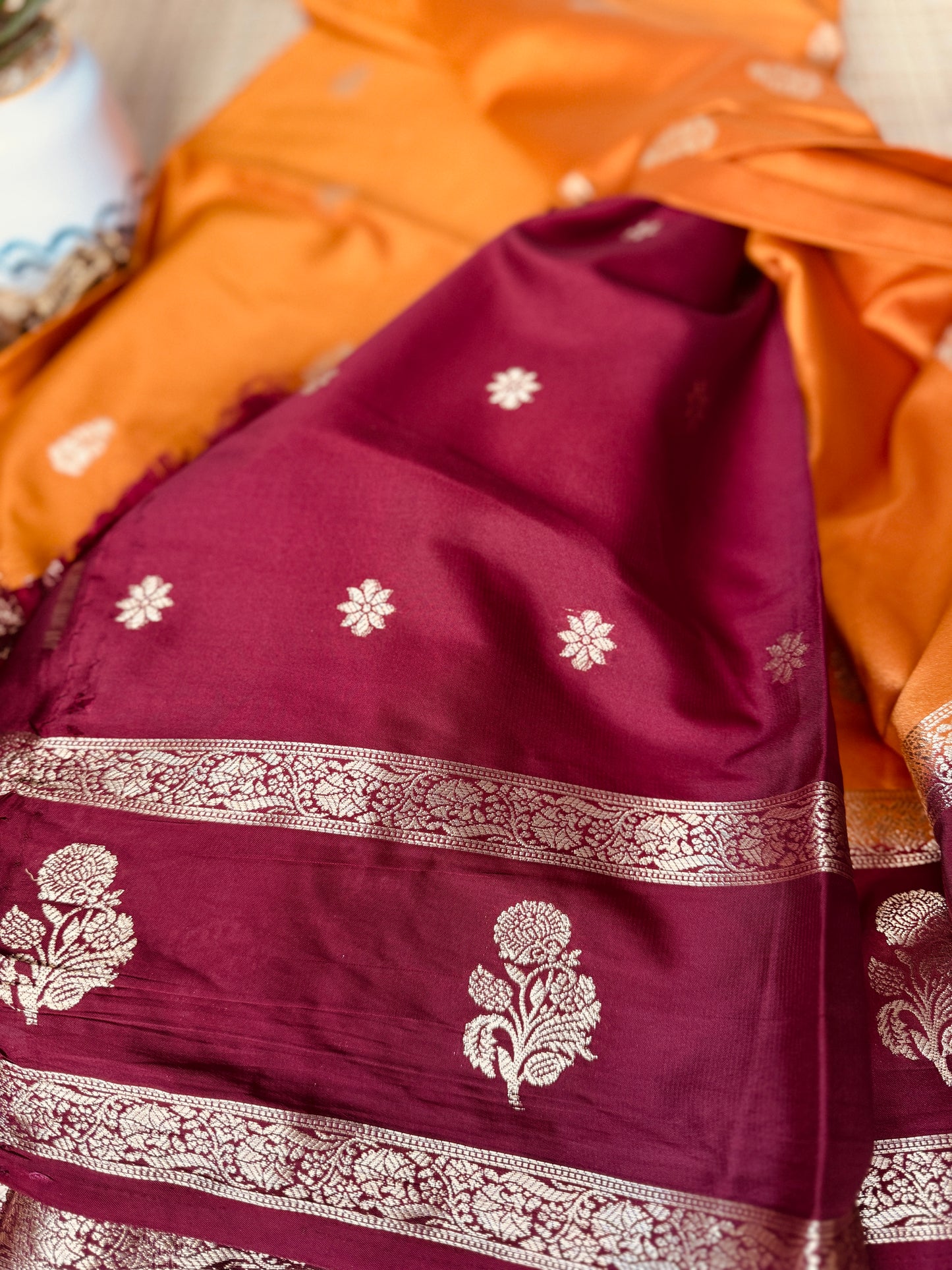 Mustard Yellow and Brown Semi Mysore silk Crepe Saree with Bentex border