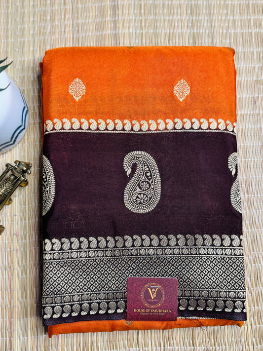 Orange and Brown semi Kanchi silk with mango border