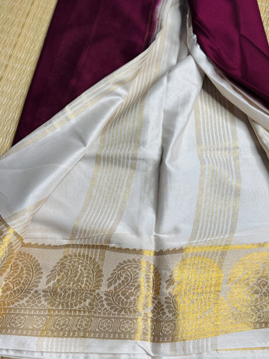Magenta and White Semi Mysore silk Crepe Saree with Mango border
