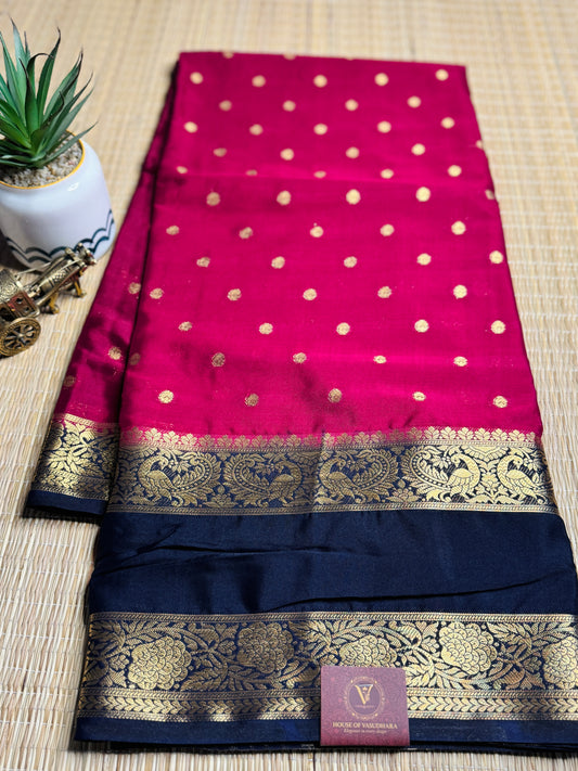 Magenta pink and Black Semi Mysore silk Crepe saree with Bentex border