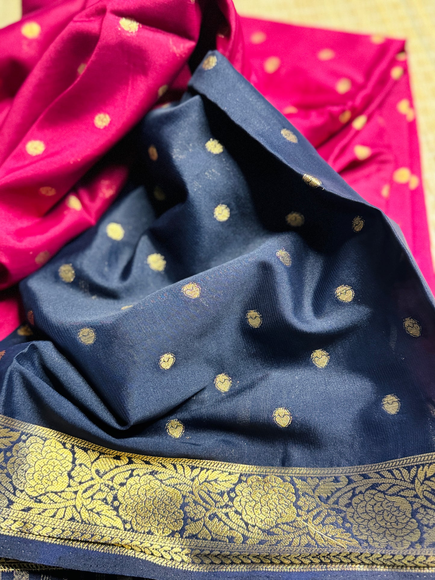 Magenta pink and Black Semi Mysore silk Crepe saree with Bentex border