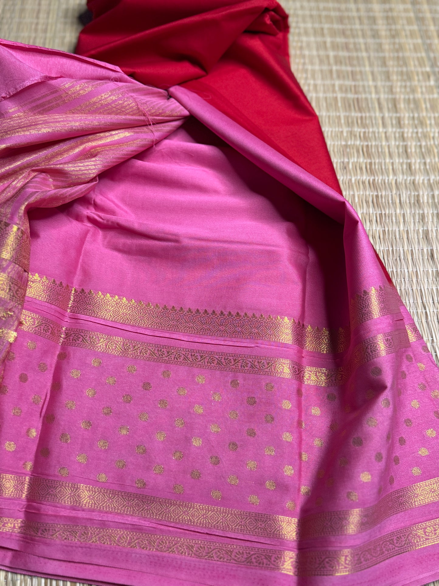 Red and Pink Semi Mysore silk Crepe Saree with Bentex border