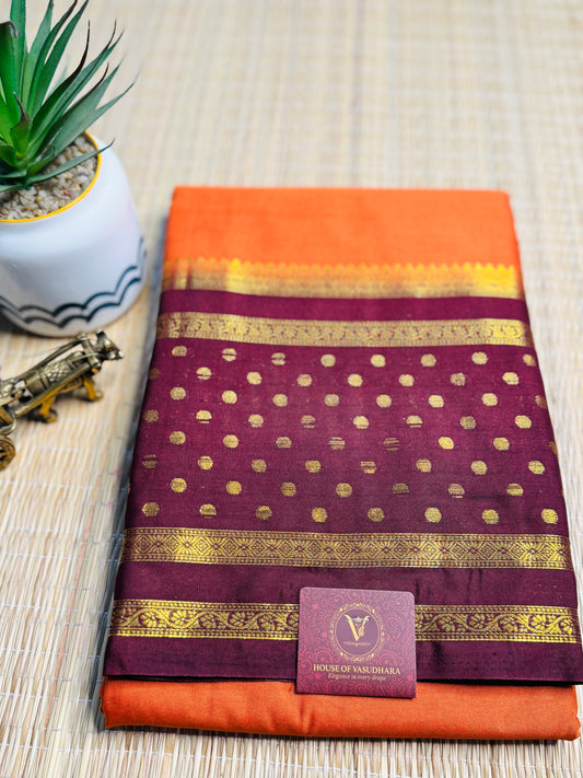 Rust orange and Brown Semi Mysore silk Crepe Saree with Bentex border
