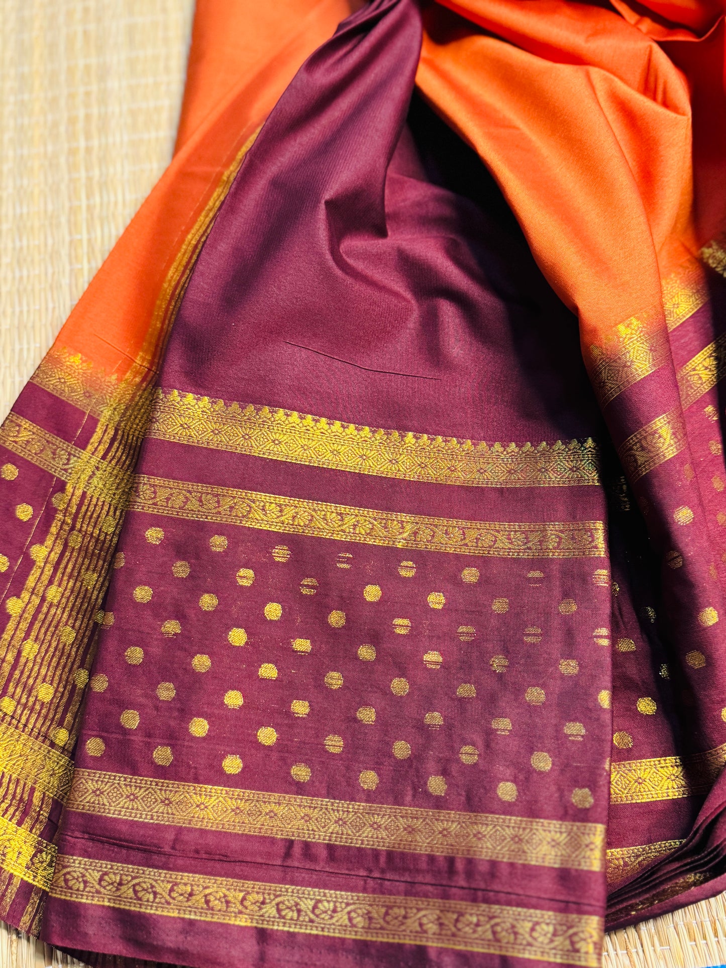 Rust orange and Brown Semi Mysore silk Crepe Saree with Bentex border