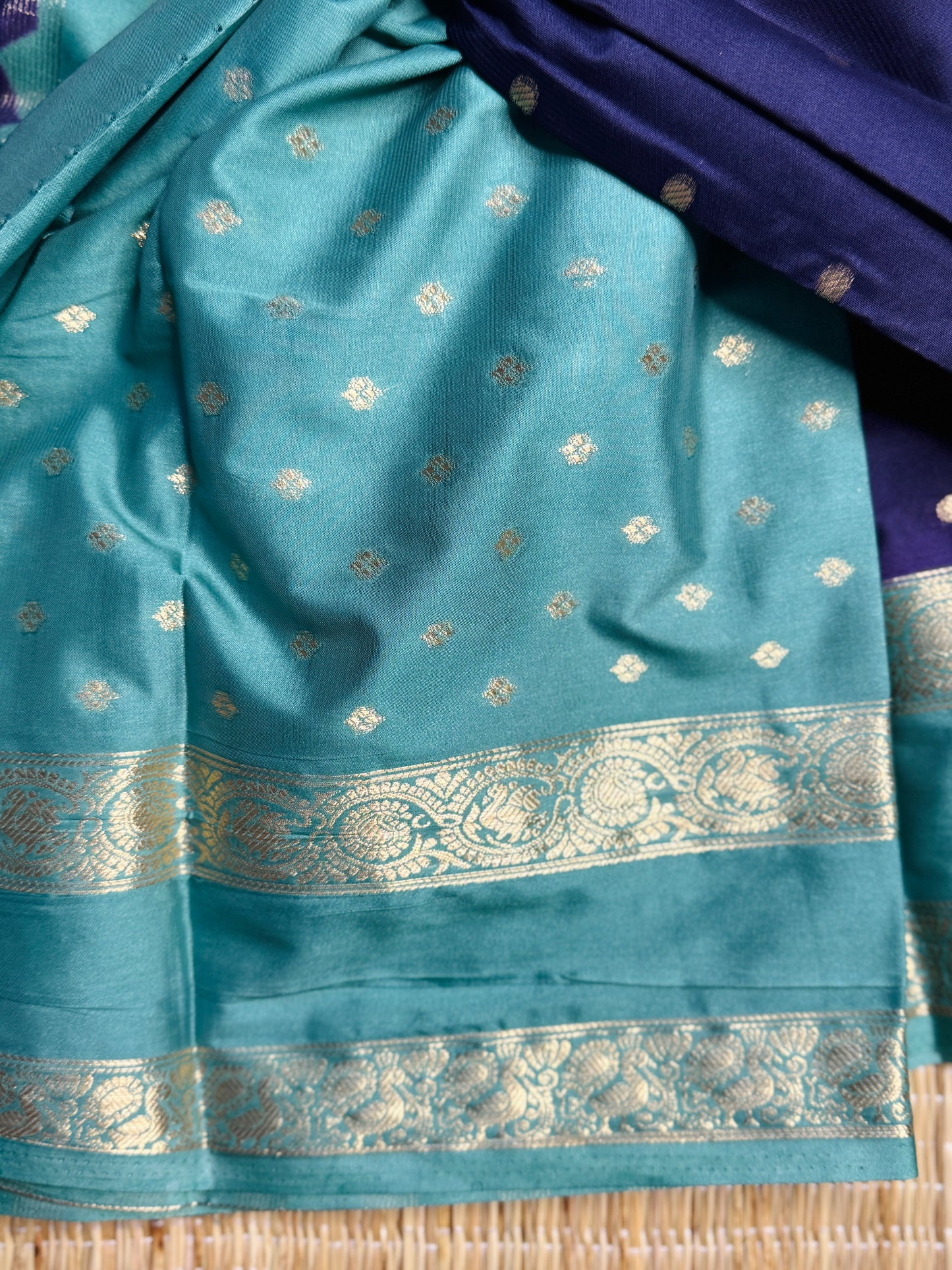 Royal Blue and Teal blue Semi Mysore silk Crepe Saree with Bentex border