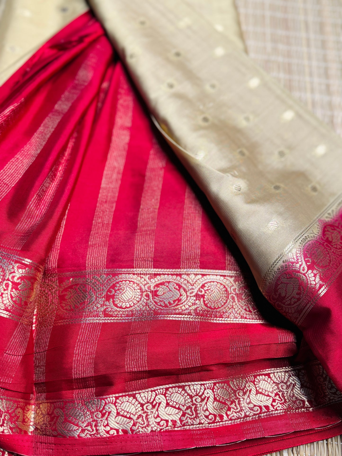 Beige and Red Semi Mysore silk Crepe Saree with Bentex border