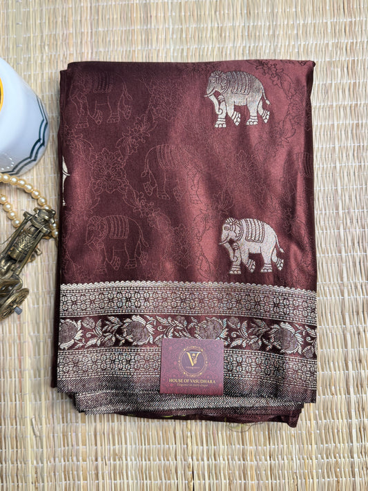 Brown Satin silk saree with elephant motifs