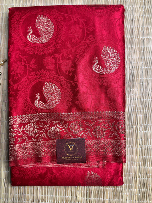 Red Satin silk saree with Peacock motifs