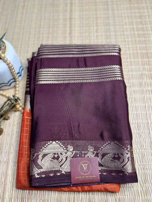 Rust Orange and Brown Semi Mysore silk Crepe saree with checks and Big Border
