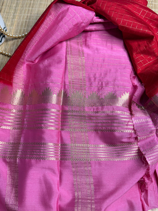 Red and Pink Semi Mysore silk Crepe saree with checks and Big Border