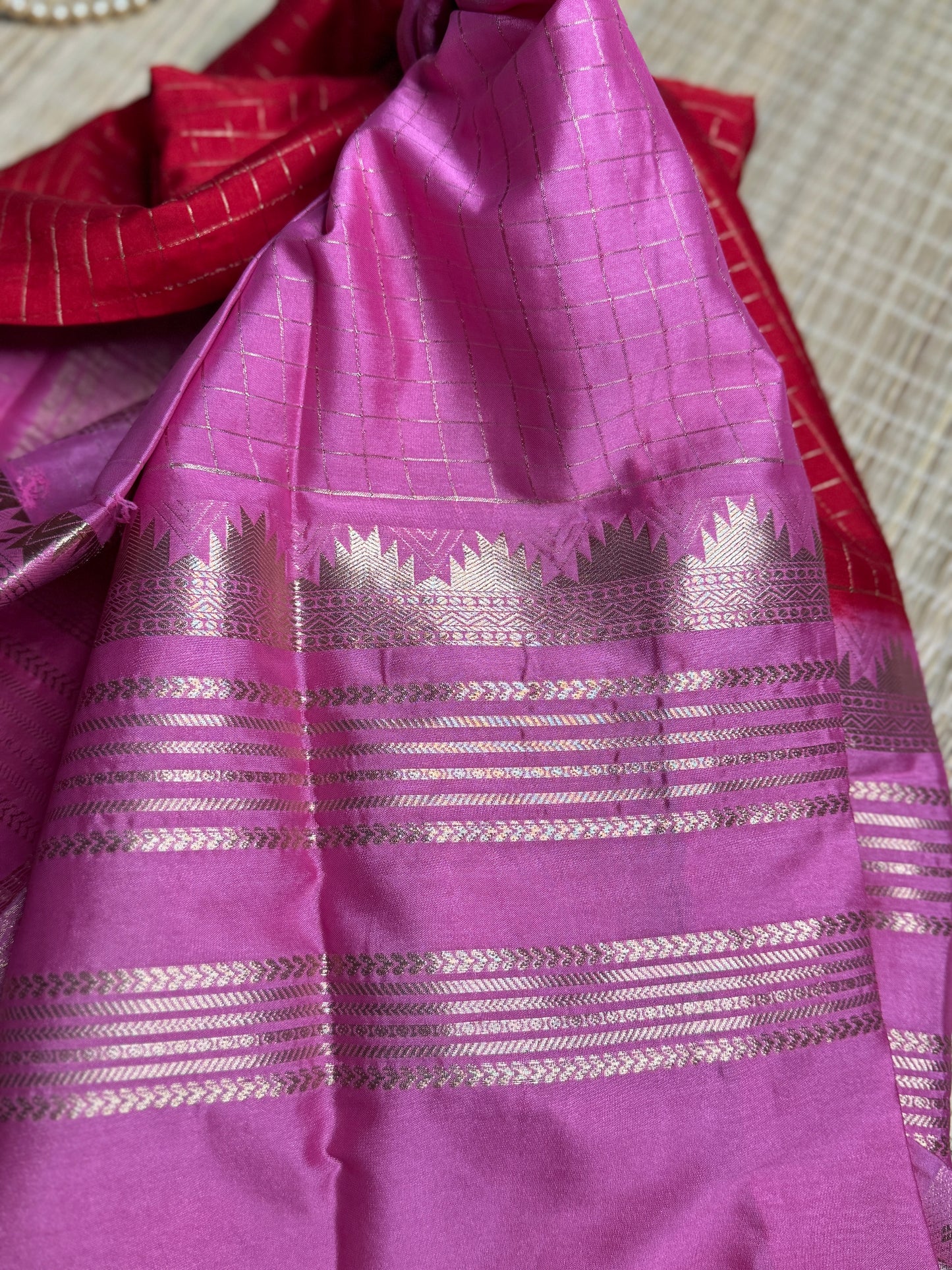 Red and Pink Semi Mysore silk Crepe saree with checks and Big Border