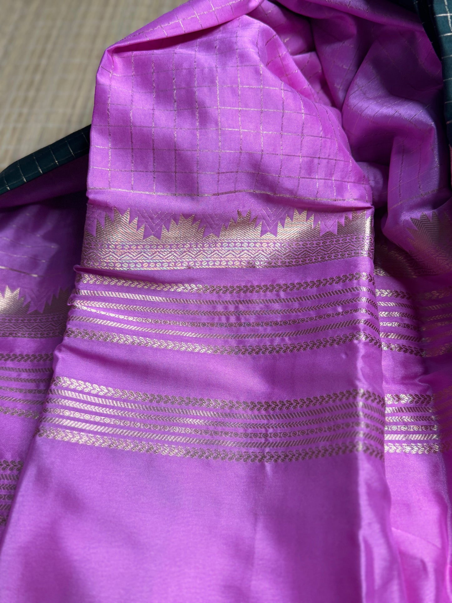 Green and Pink Semi Mysore silk Crepe saree with checks and Big Border