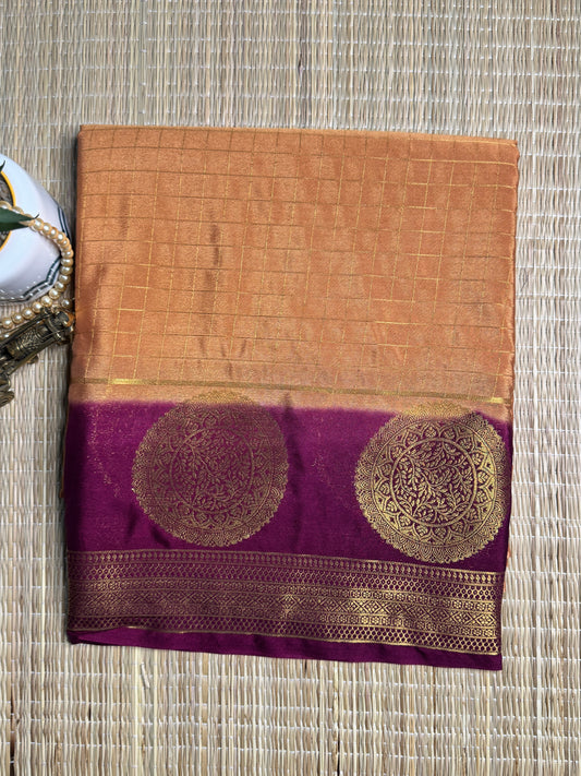 Dark Rust-beige and purple Semi Mysore silk Crepe saree with checks