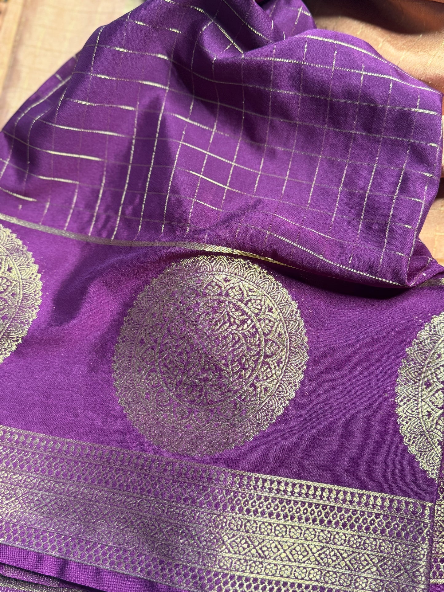 Dark Rust-beige and purple Semi Mysore silk Crepe saree with checks