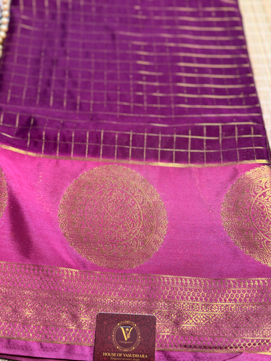 Purple and Pink Semi Mysore silk Crepe saree with checks
