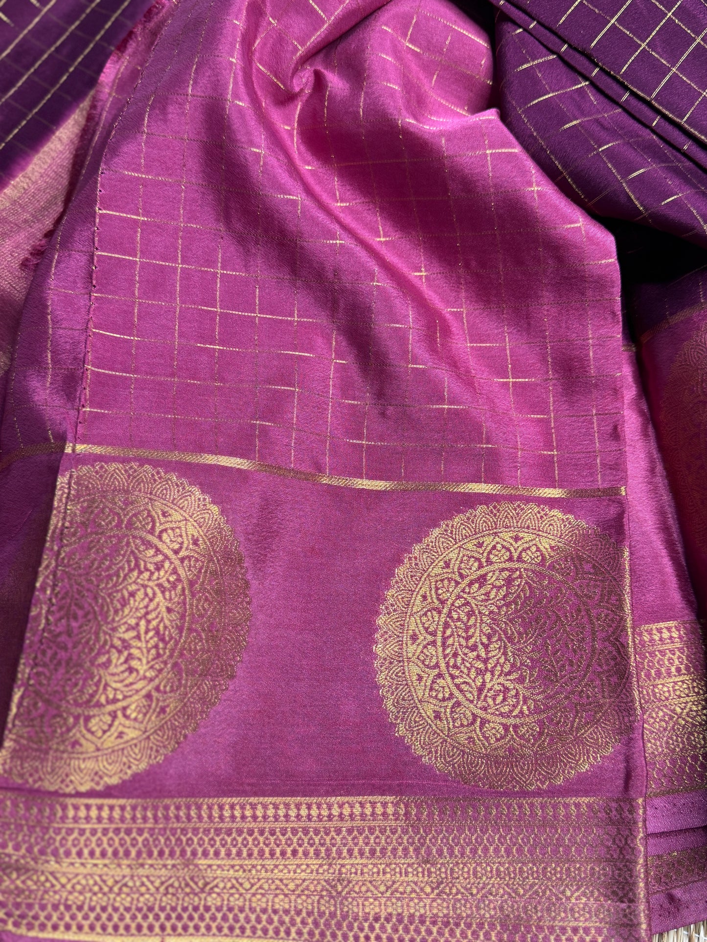 Purple and Pink Semi Mysore silk Crepe saree with checks