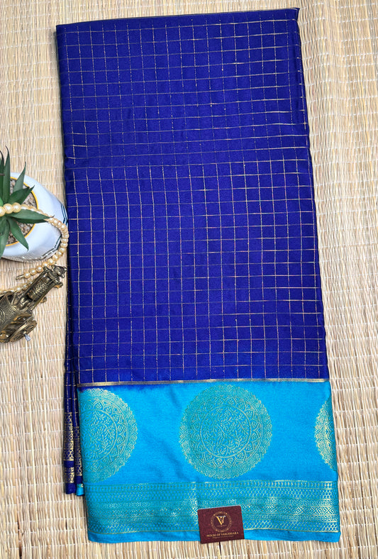 Royal Blue Semi Mysore silk Crepe saree with checks