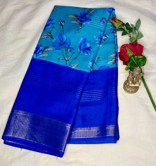 Blue 2D Semi crepe silk in half and half pattern