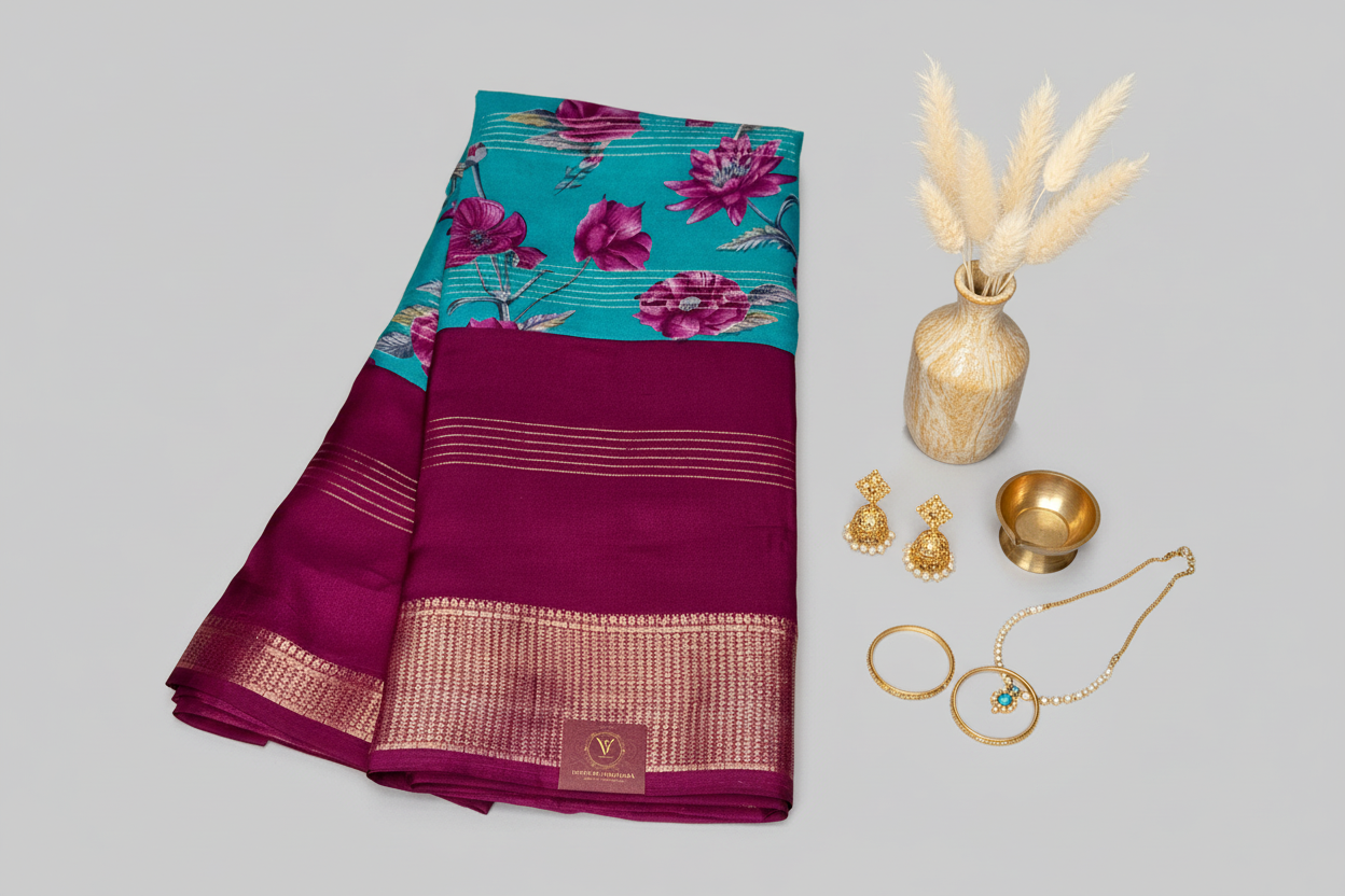 Maroon & Turquise 2D Semi crepe silk in half and half pattern
