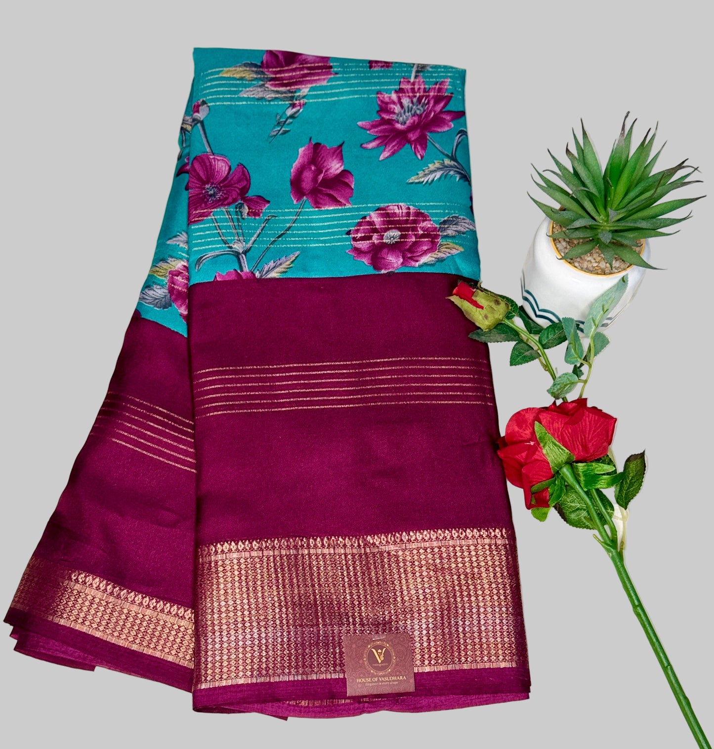 Maroon & Turquise 2D Semi crepe silk in half and half pattern