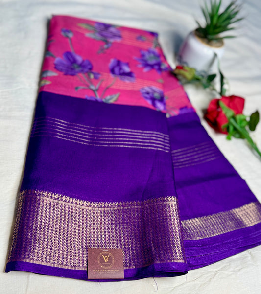 Purple & Pink 2D Semi crepe silk in half and half pattern