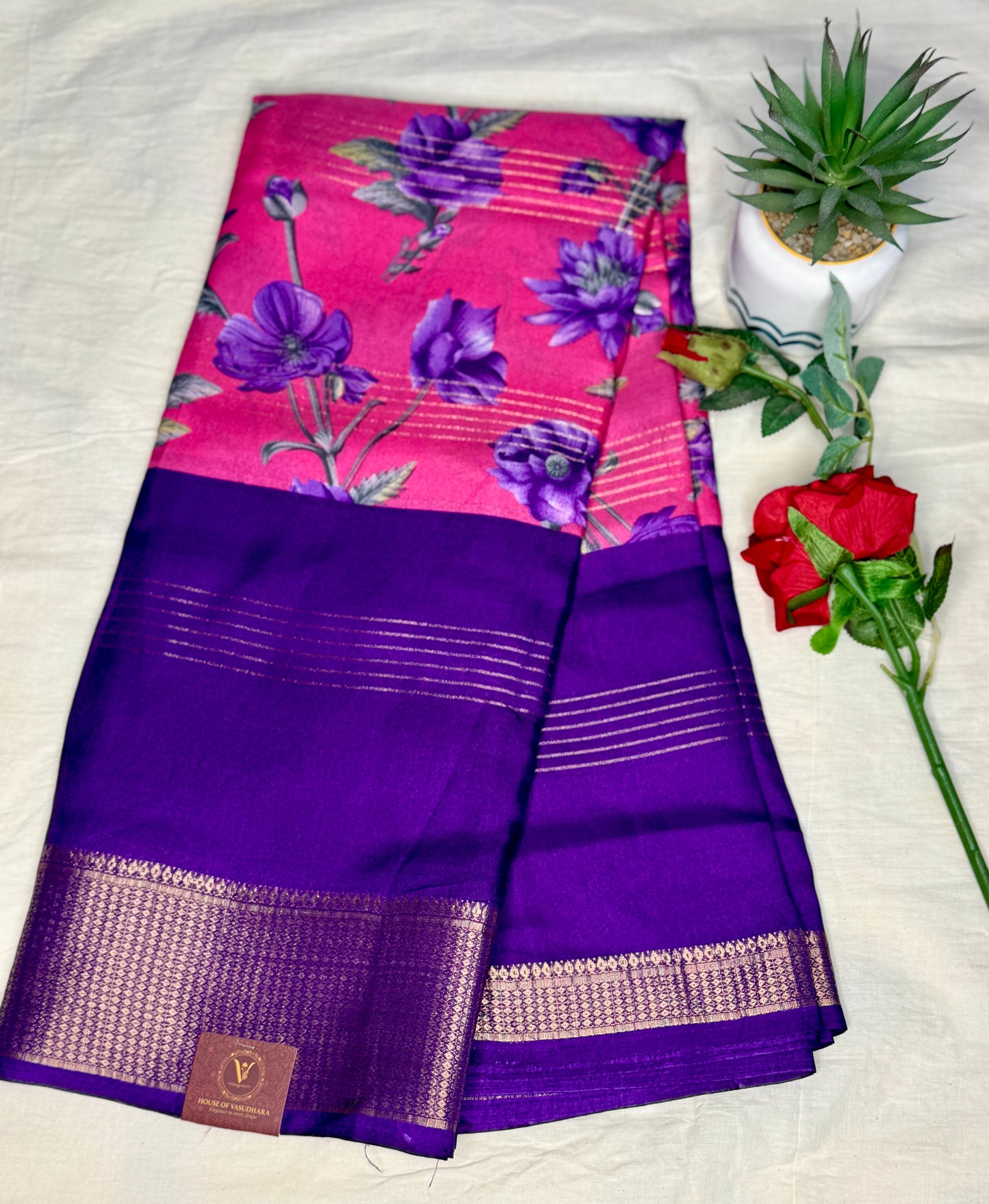 Purple & Pink 2D Semi crepe silk in half and half pattern