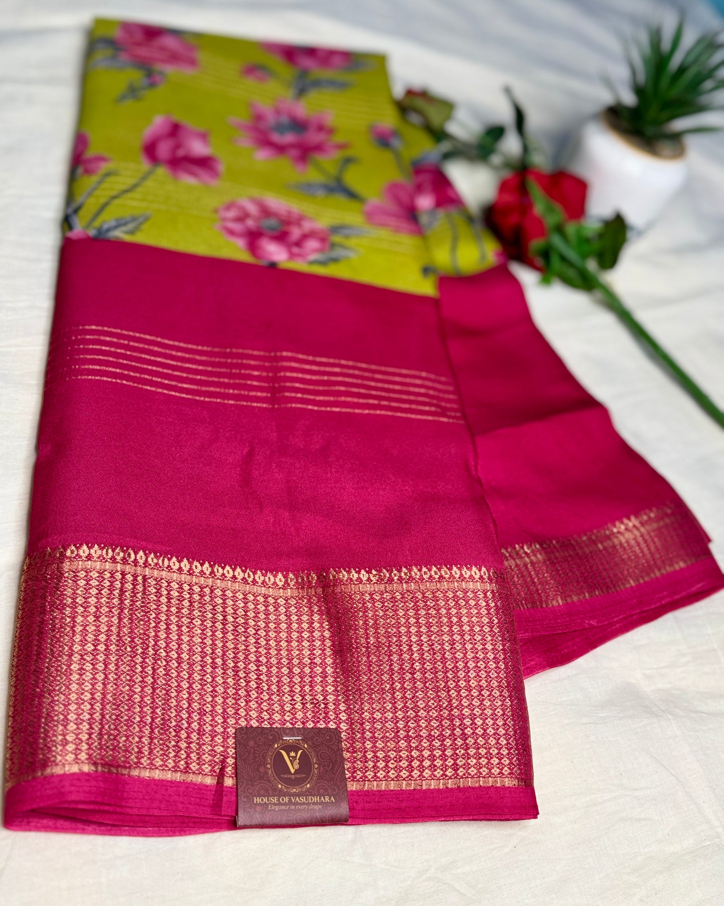 Pink & Green 2D Semi crepe silk in half and half pattern