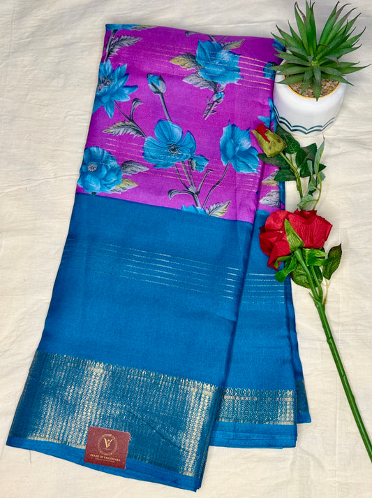 Blue & Purple 2D Semi crepe silk in half and half pattern