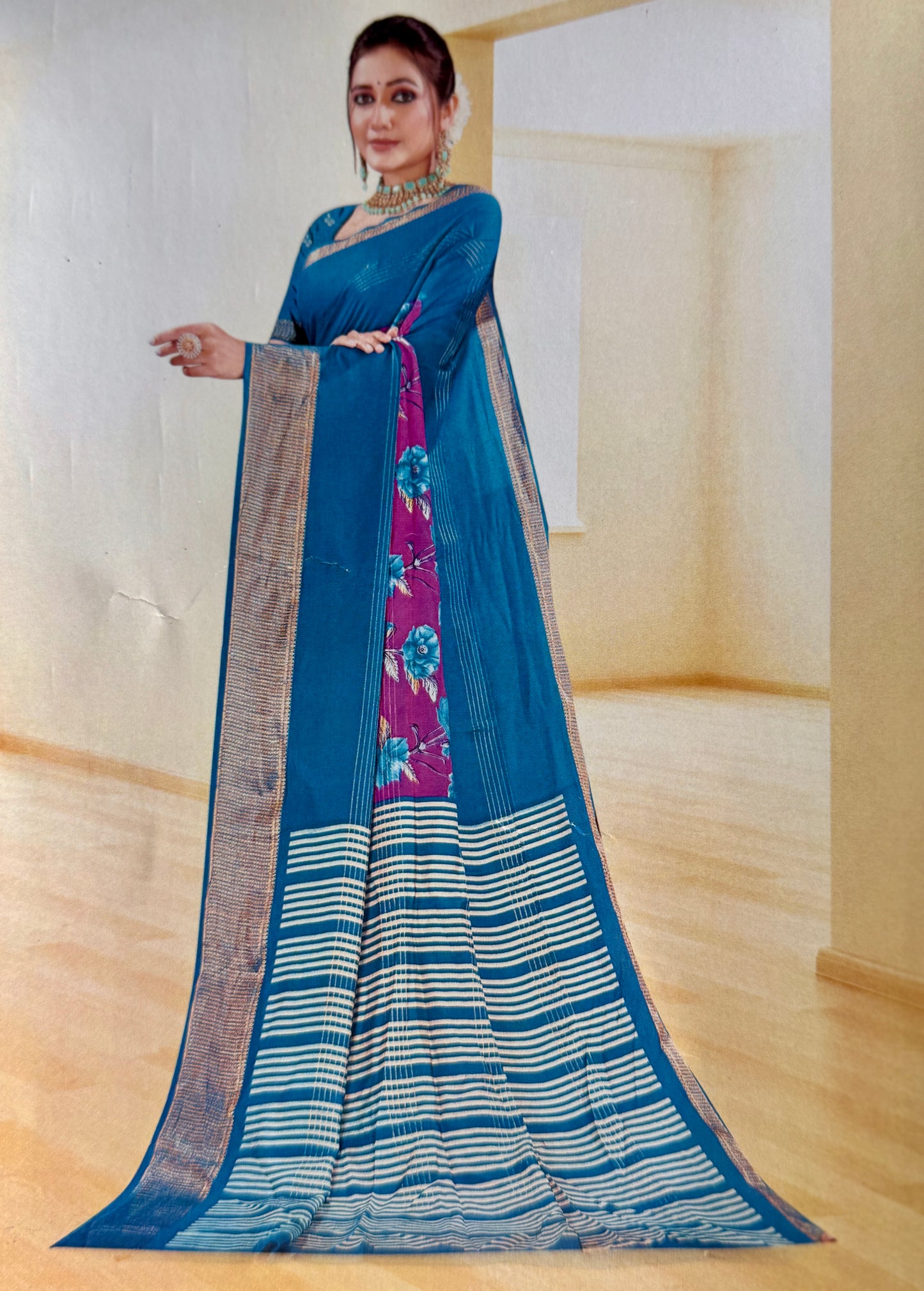 Blue & Purple 2D Semi crepe silk in half and half pattern