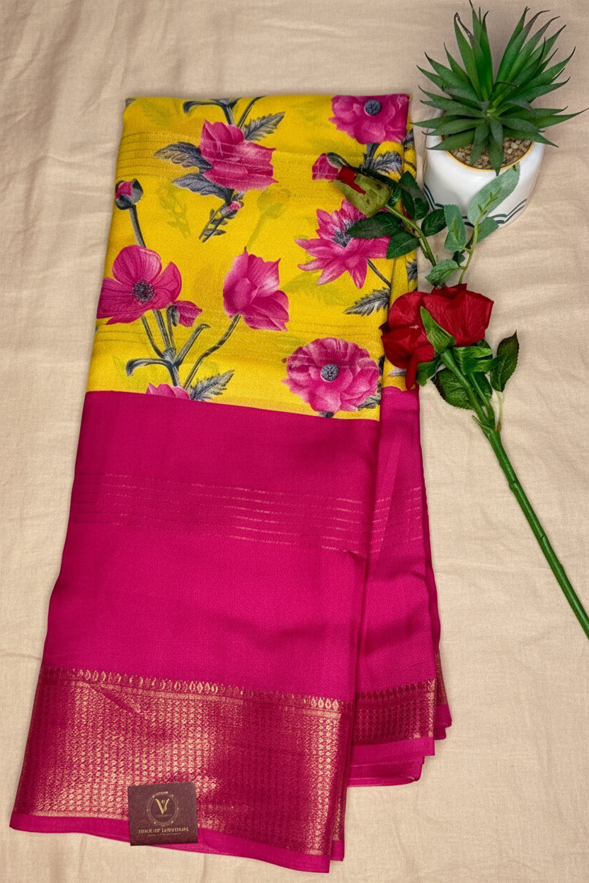 Pink & Yellow 2D Semi crepe silk in half and half pattern
