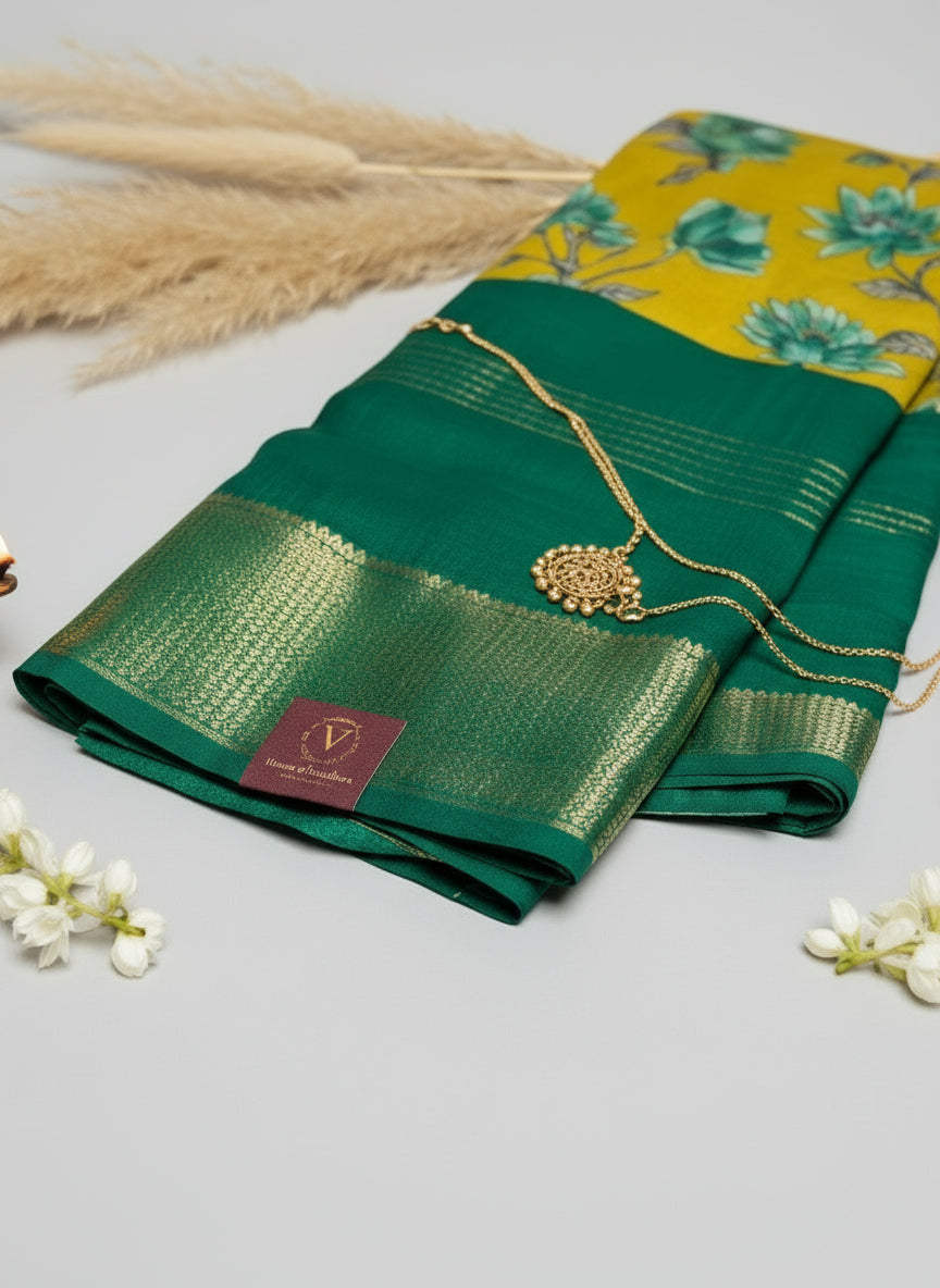 Green & Yellow 2D Semi crepe silk in half and half pattern