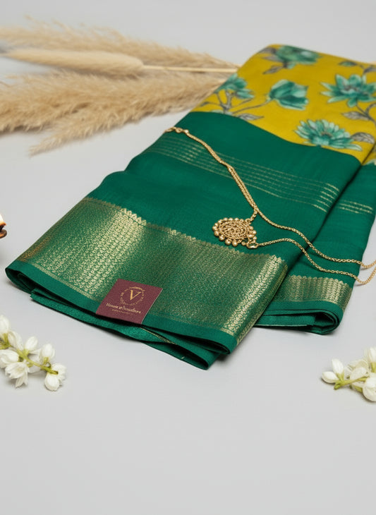 Green & Yellow 2D Semi crepe silk in half and half pattern