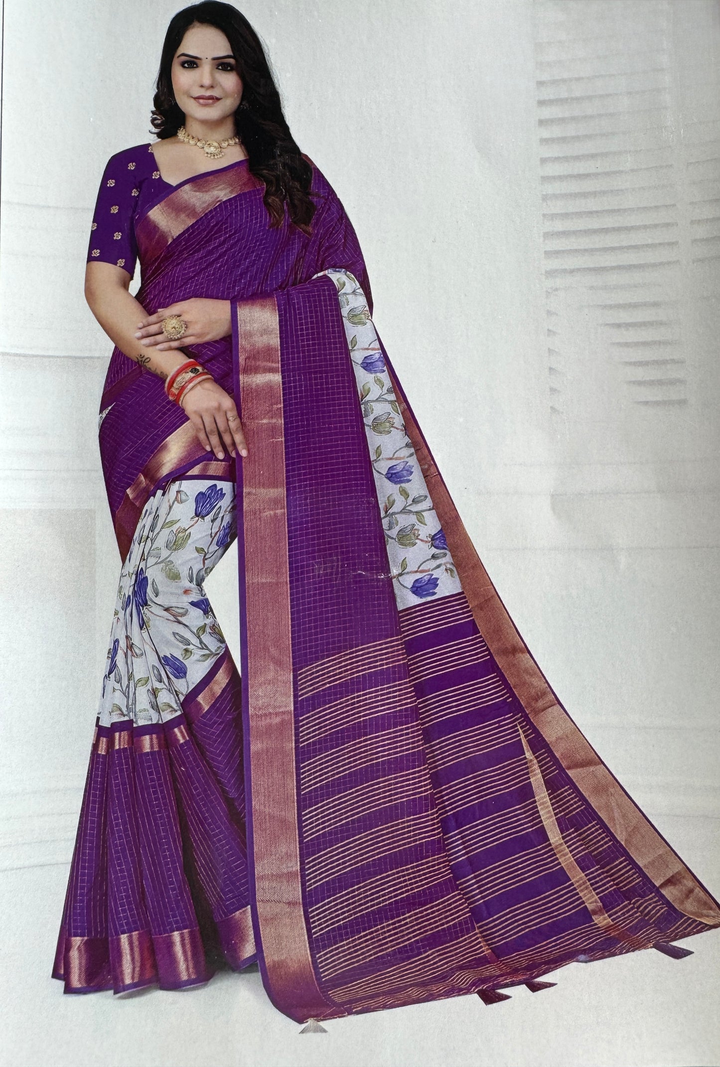 White and Purple 2D Semi crepe silk in half and half pattern