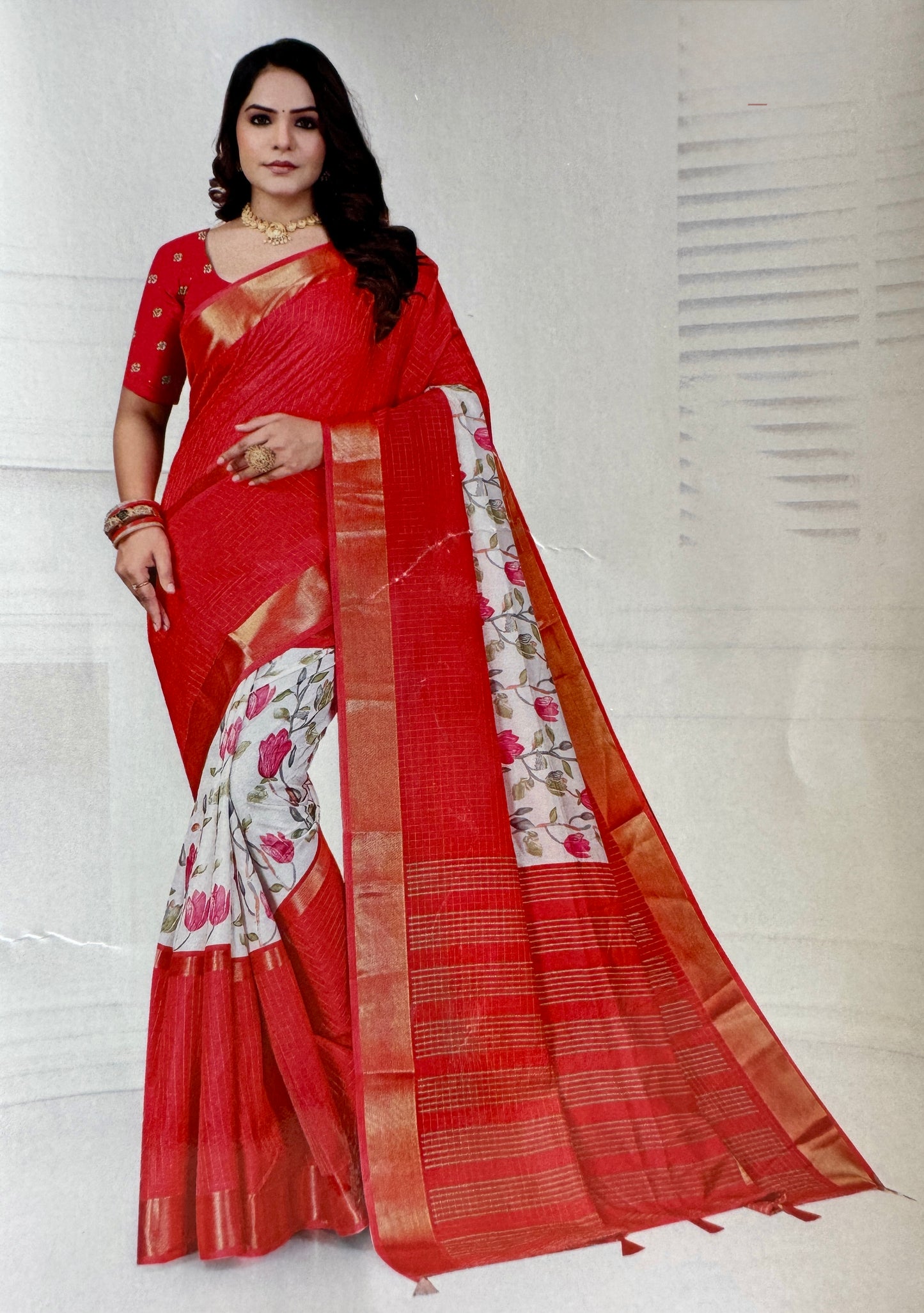 White and Red 2D Semi crepe silk in half and half pattern